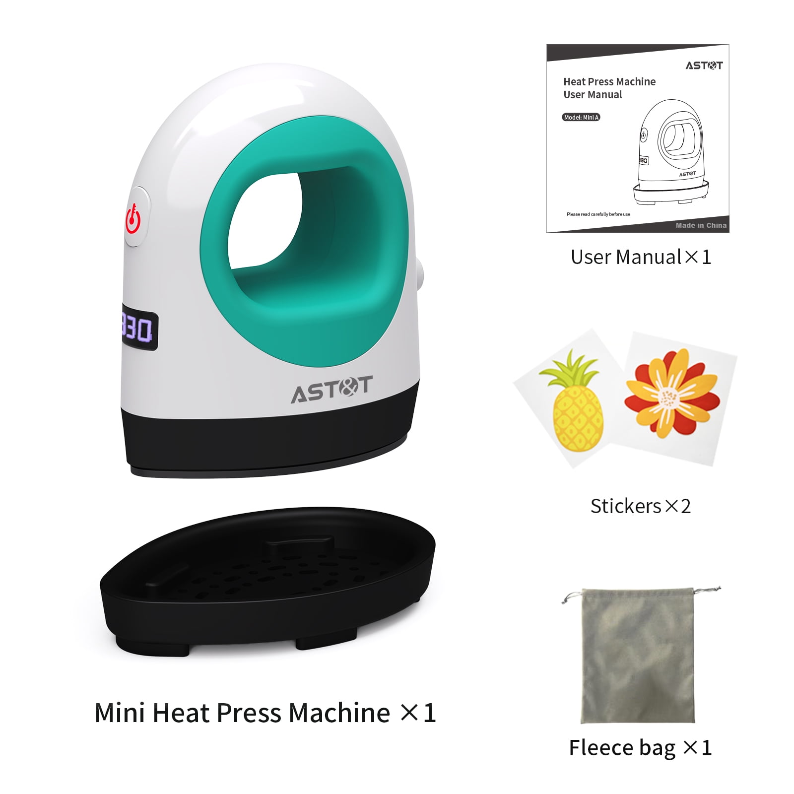 AST&T Mini Heat Press Machine Green, Portable Digital Iron for Shoes, Hats, T Shirts, HTV Vinyl and Small DIY Projects