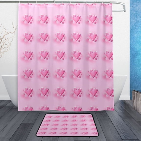 Bath Curtain & Non-Slip Bath Mat Set 12-Grommet Shower Curtain Memory Foam Bath Rug Pink Small Hearts