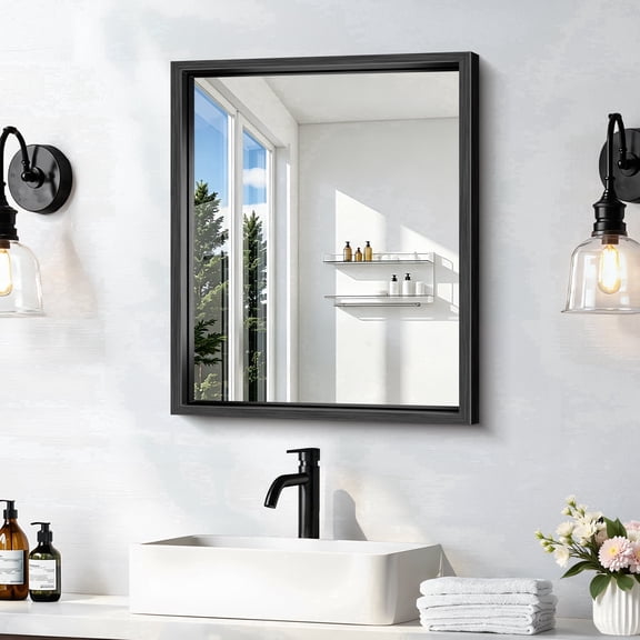 VONIGEE Bathroom Mirror 18"x22" Rectangle Brushed Black Thickened Deep Frame Shatterproof Tempered Glass Anti Rust Wall Mount