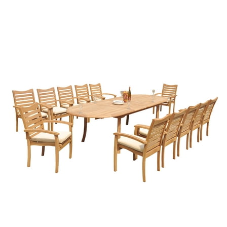 Grade-A Teak Dining Set: 12 Seater 13 Pc: 118" Oval Table And 12 Aspen Stacking Arm Chairs Outdoor Patio WholesaleTeak #51AP2613