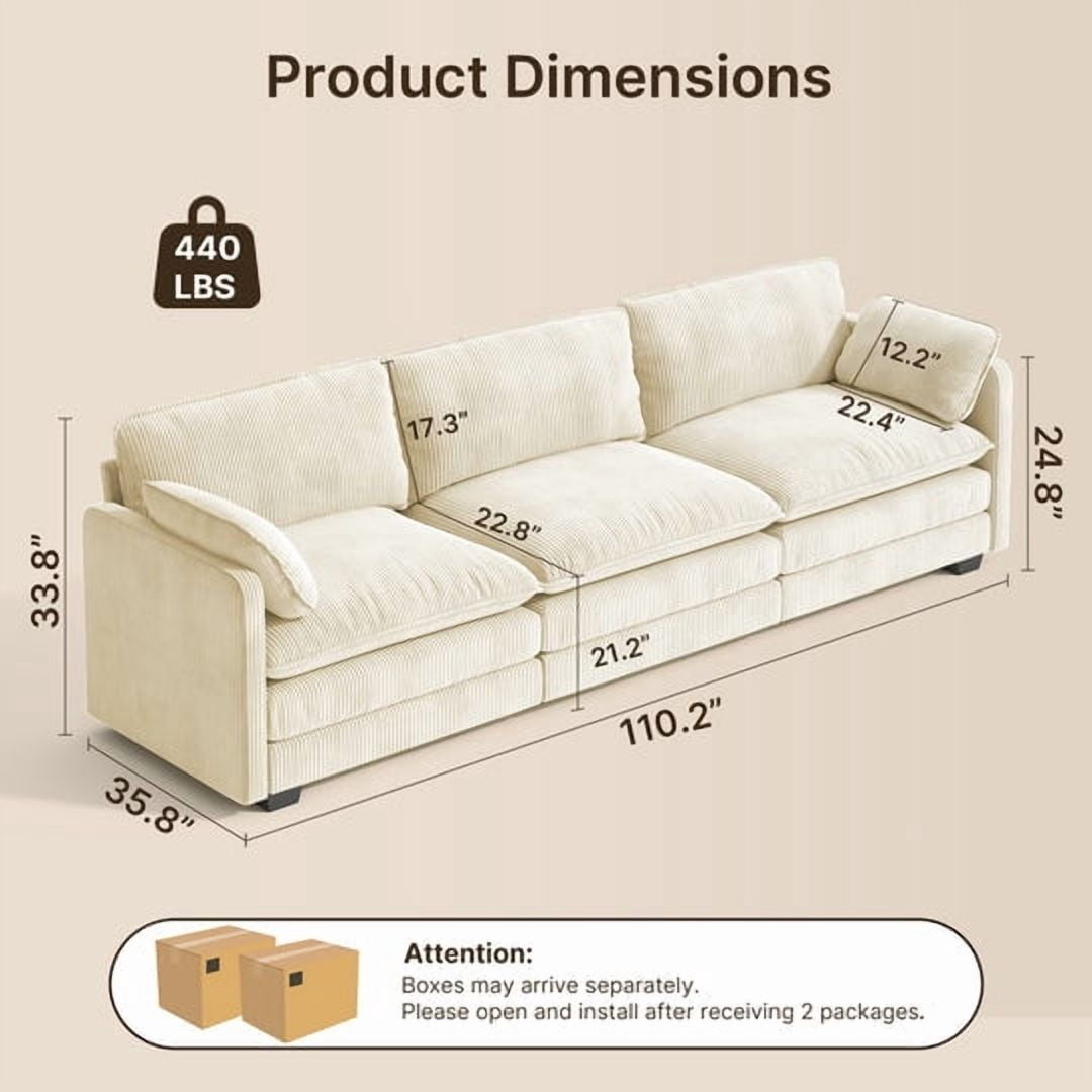Aiho 110" Couches for Living Room, Corduroy Fluffy Sofa Couch, Comfy Sectional Sofa for Living Room, Apartment, Studio, Office - Beige