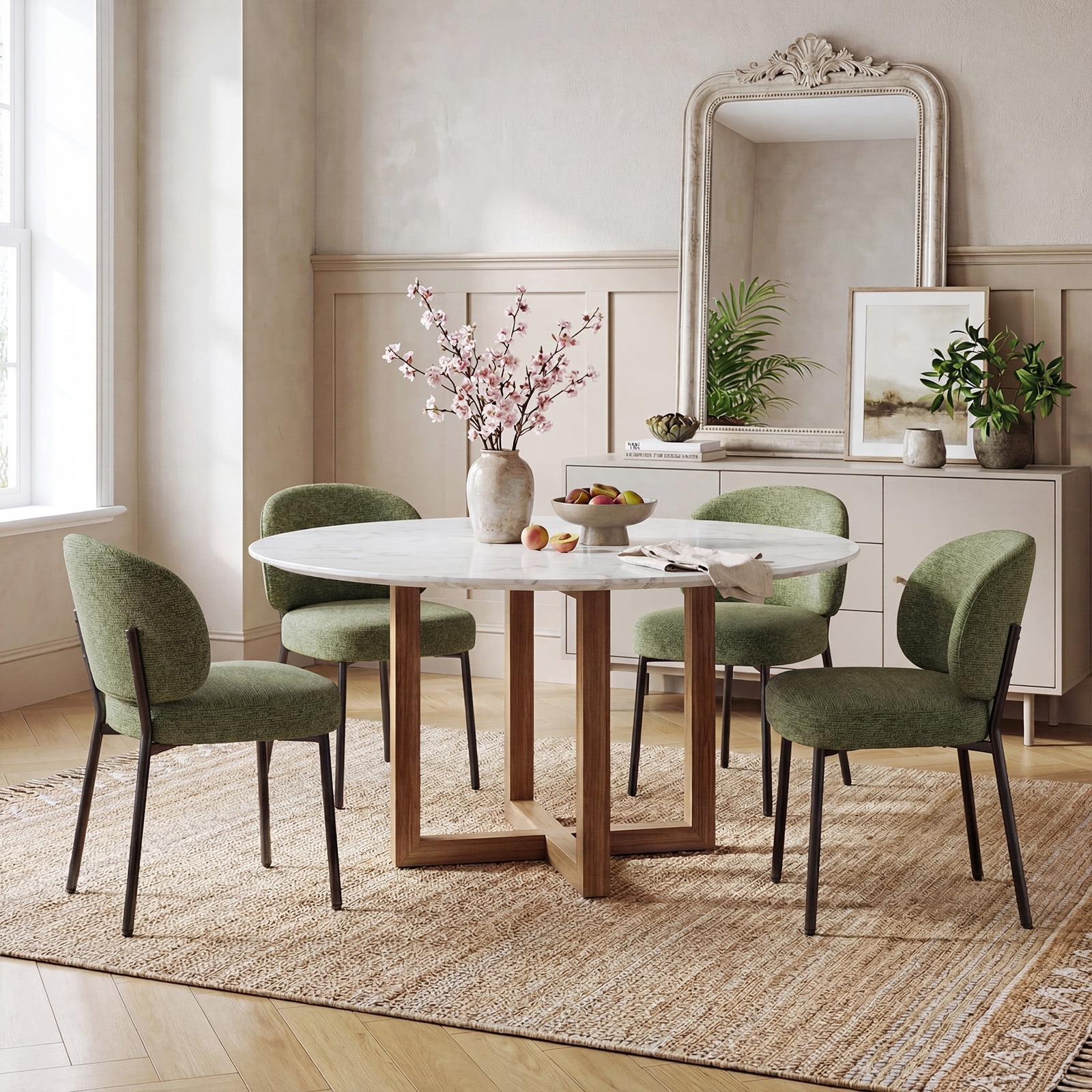 Set of 6 Upholstered Modern Dining Chairs, Mid Century Kitchen Chairs with Curved Backrest and Metal Legs for Dining Room, Living Room, Green