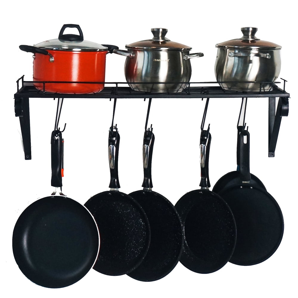 Kepooman 30" Kitchen Floating Pan Pot Rack for Utensils Cookware, Wall Mounted Pot Rack Storage Shelf with 10 Hooks, Black Kepooman 30" Kitchen Floating Pan Pot Rack for Utensils Cookware, Wall Mounted Pot Rack Storage Shelf with 10 Hooks, Black