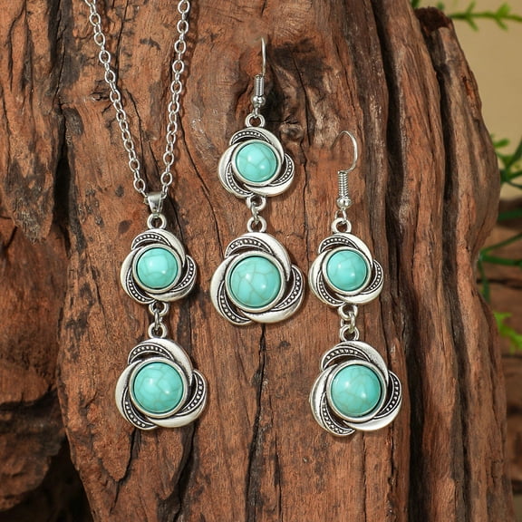 Vintage Women's Earrings Necklace Set Turquoise Pendant Earrings Ethnic Vintage Pendant Earhook Pendant Beach Party Jewelry Gift
