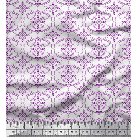 Soimoi Purple polyester Crepe Fabric Moroccan Damask Decor Fabric Printed Yard 42 Inch Wide