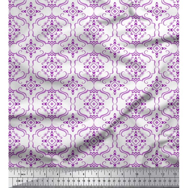 Soimoi Purple polyester Crepe Fabric Moroccan Damask Decor Fabric Printed Yard 42 Inch Wide