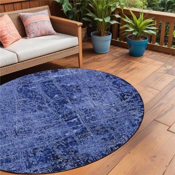 HomeRoots 563138 8 ft. Round Navy Blue Round Abstract Washable Non Skid Indoor Outdoor Machine Woven Area Rug