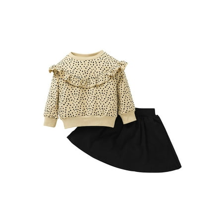 

Girls Trendy Tracksuit Dots O-Neck Flounce Pullover Tops + Short Skirt Set