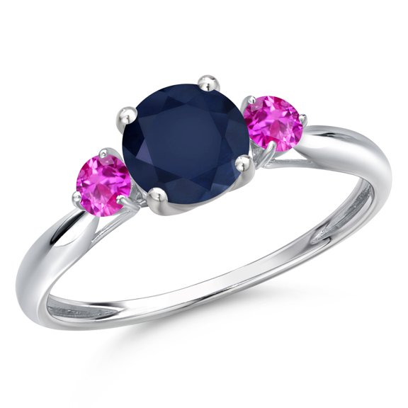 Gem Stone King 10K White Gold Blue Sapphire and Pink Sapphire 3-Stone Ring for Women | 1.37 Cttw | Round 6MM | Gemstone September Birthstone | Size 8