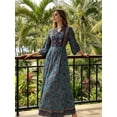 thumbnail image 3 of Women's Boho Paisley Floral Print Maxi Dress Long Sleeve Split V Neck Teal Embroidered Swing Resort Dress, 3 of 8
