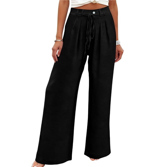 VEKDONE Womens Solid Color Wide Leg Pants High Waist Drawstring Business Work Pant Casual Loose Fit Lightweight Palazzo Pants Flowy Beach Pant with Pockets Black L