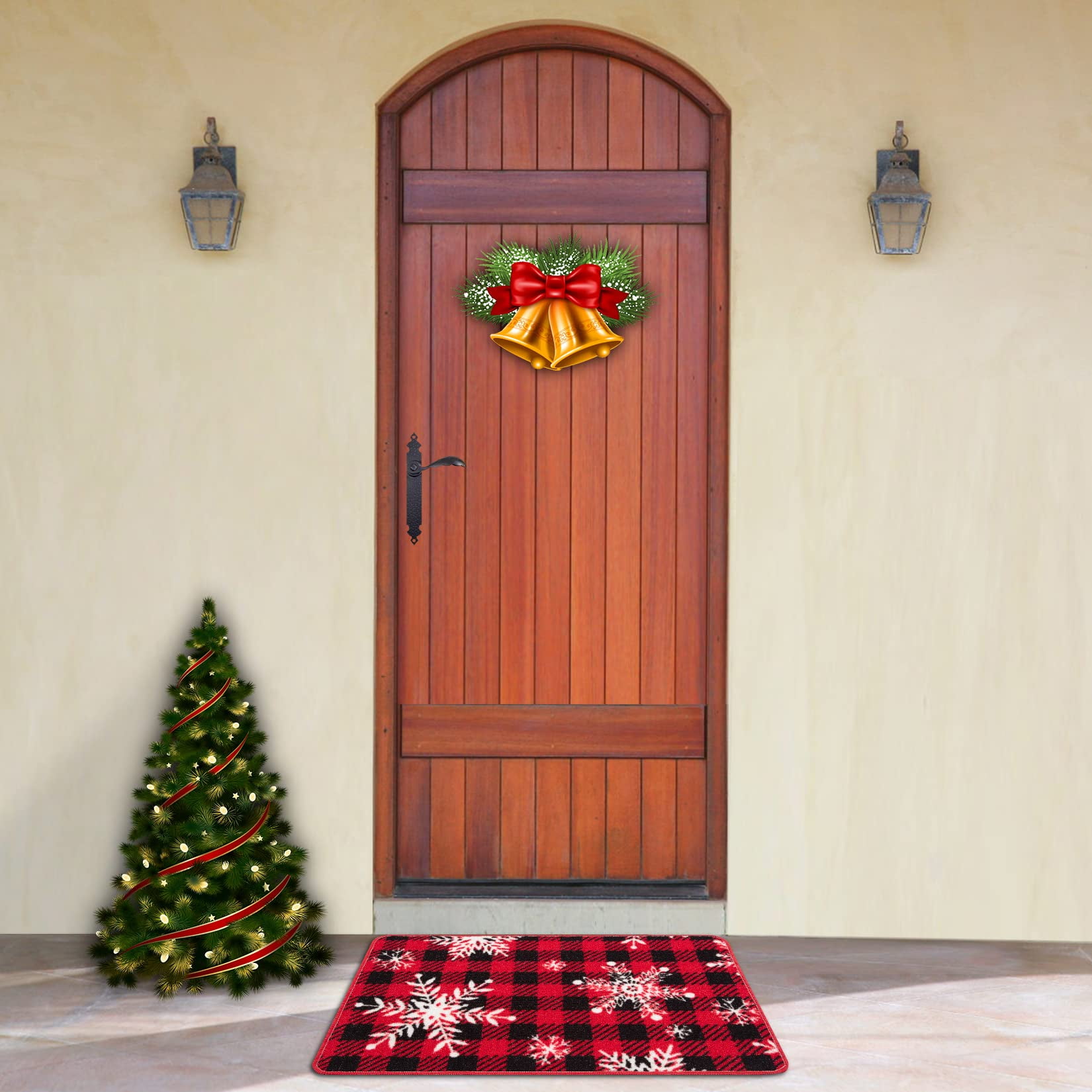 Christmas Front Door Mat, PVC Leather Door Mats Outdoor/Indoor Funny  Welcome Mat, Xmas Red Snowflake Winter Christmas Red Floor Mats Non-Slip  Doormat