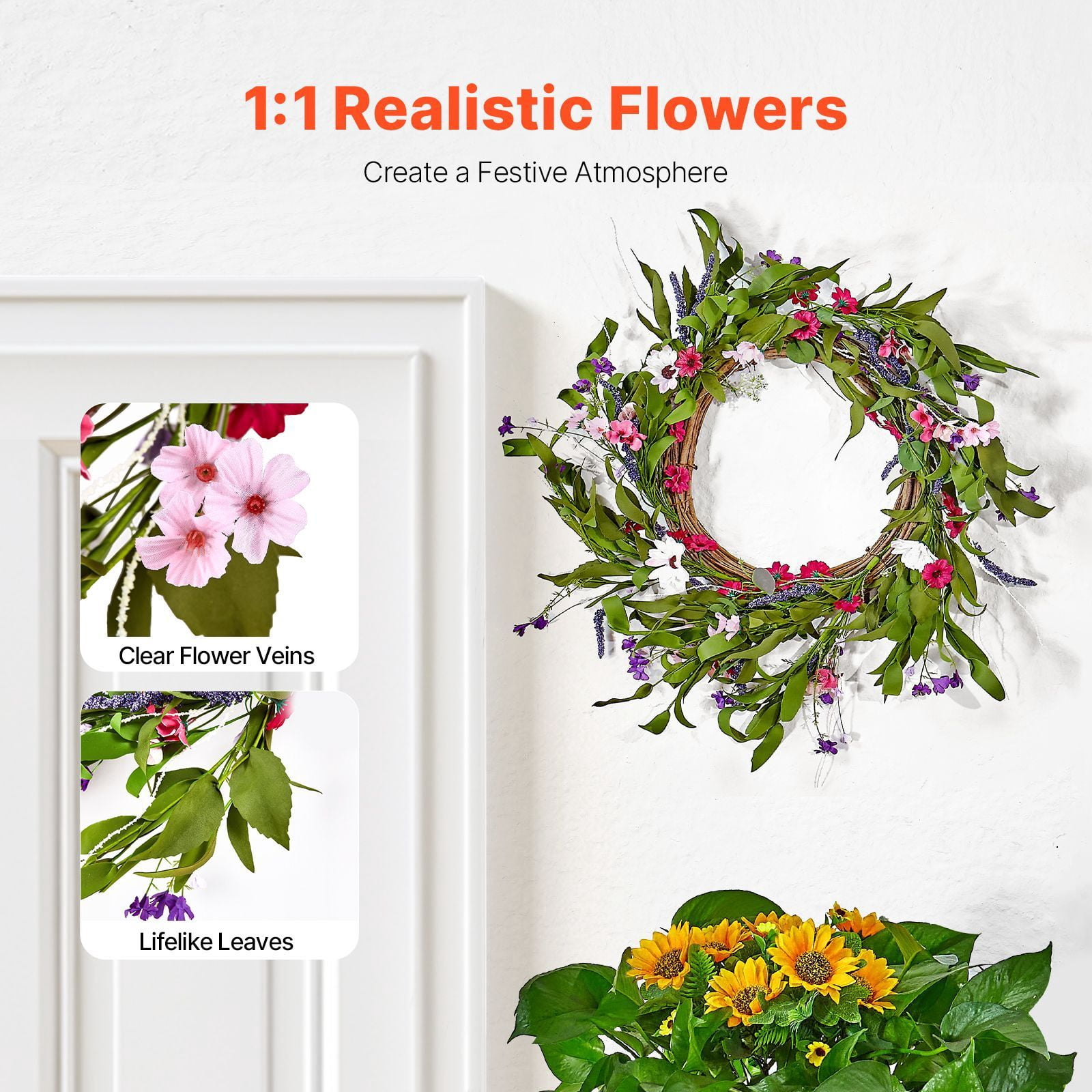 Decorative Wreath 1:1 Replica Daisy Flowers, Full Lush Lifelike Floral Wreath, Vibrant Realistic Artificial Flower Wreath for Front Door Wall Decor