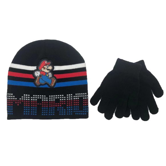 Nintendo Super Mario Bros Pixel Kids Hat And Gloves Set
