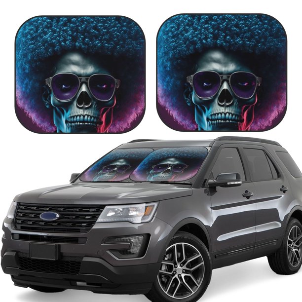 Balery Punk Style Blue Haired Skull Parasol para parabrisas de coche de 2 piezas | Parasol plegable para parabrisas delantero de coche para la mayoría de sedanes-Large