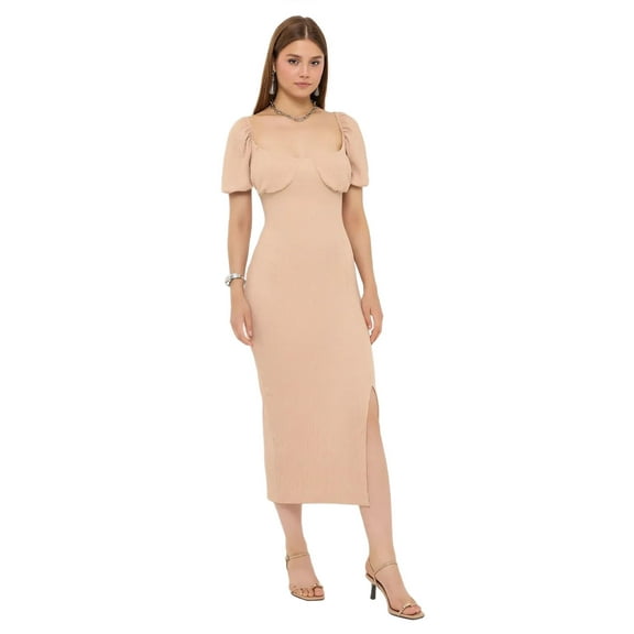 Sweetheart Neck Puff Sleeve Midi Dress with Side Slit