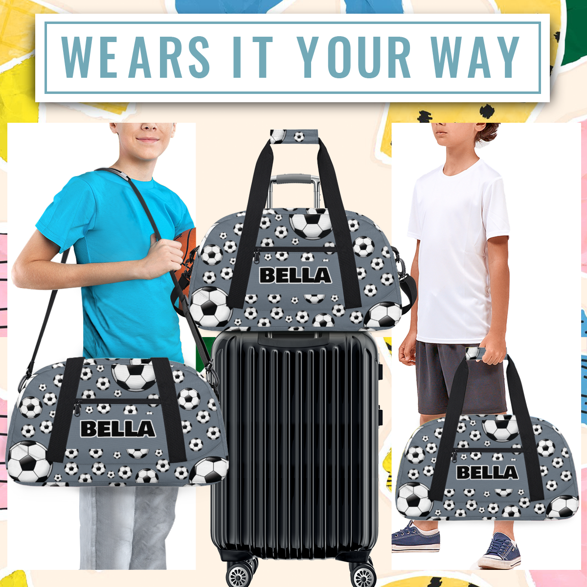 Herdesigns Personalized Soccer Gym Bag Sport Duffel Bag With Name, Custom Sport Bags Weekender Overnight Bags Carry On Weekender Bag Travel Bags, Gray