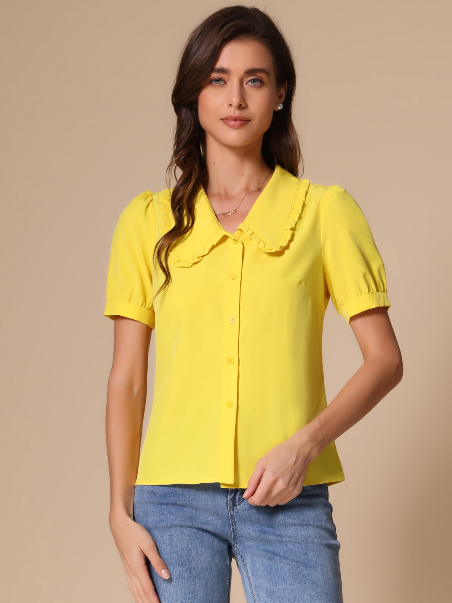 DARING DIVA Women's Peter Pan Collared Puff Short Sleeve Retro Blouse XL Yellow