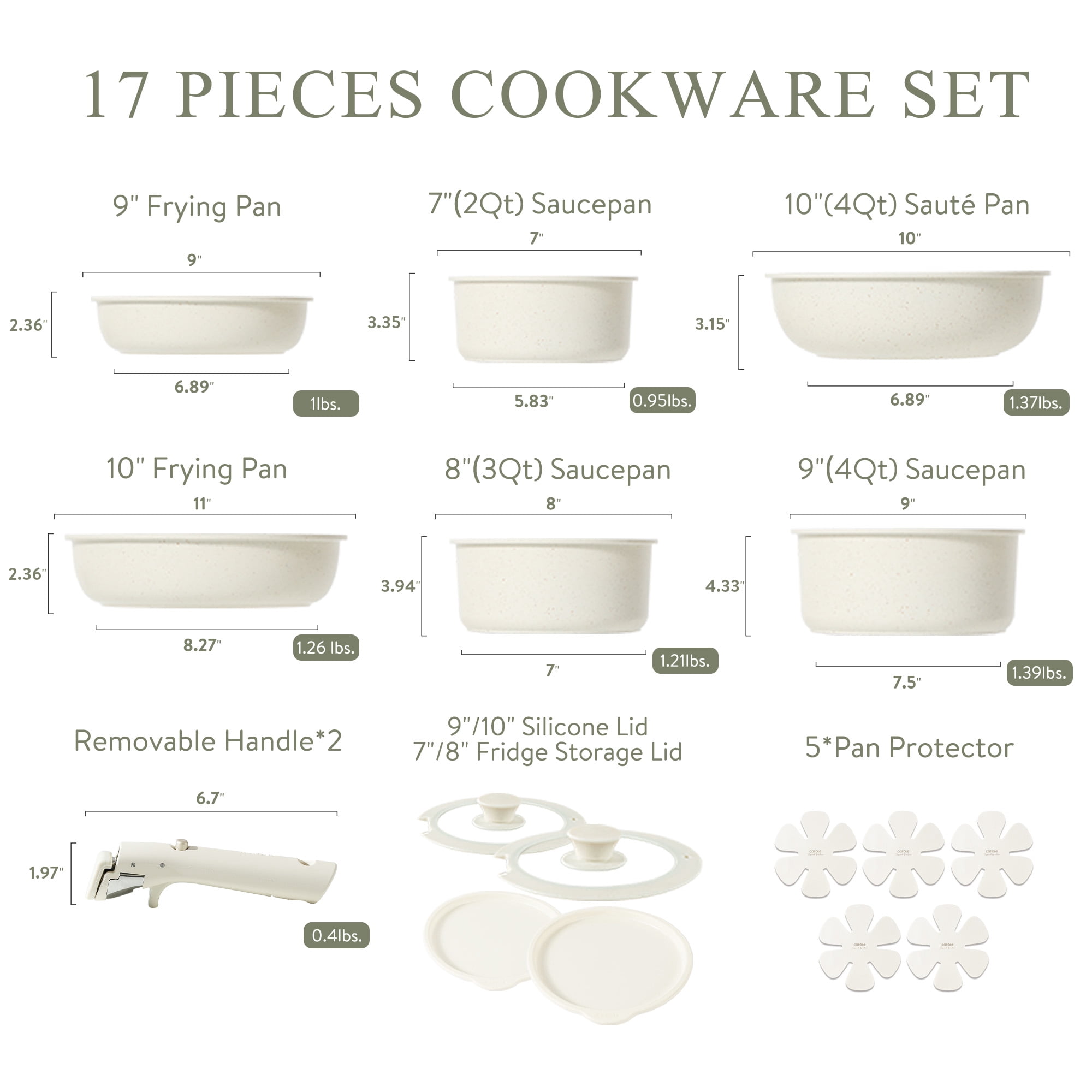 Carote Nonstick Cookware Sets, 17 Pcs Non Stick Pots and Pans Set with Removable Handle, Dishwasher & Oven Safe, Induction Compatible, White