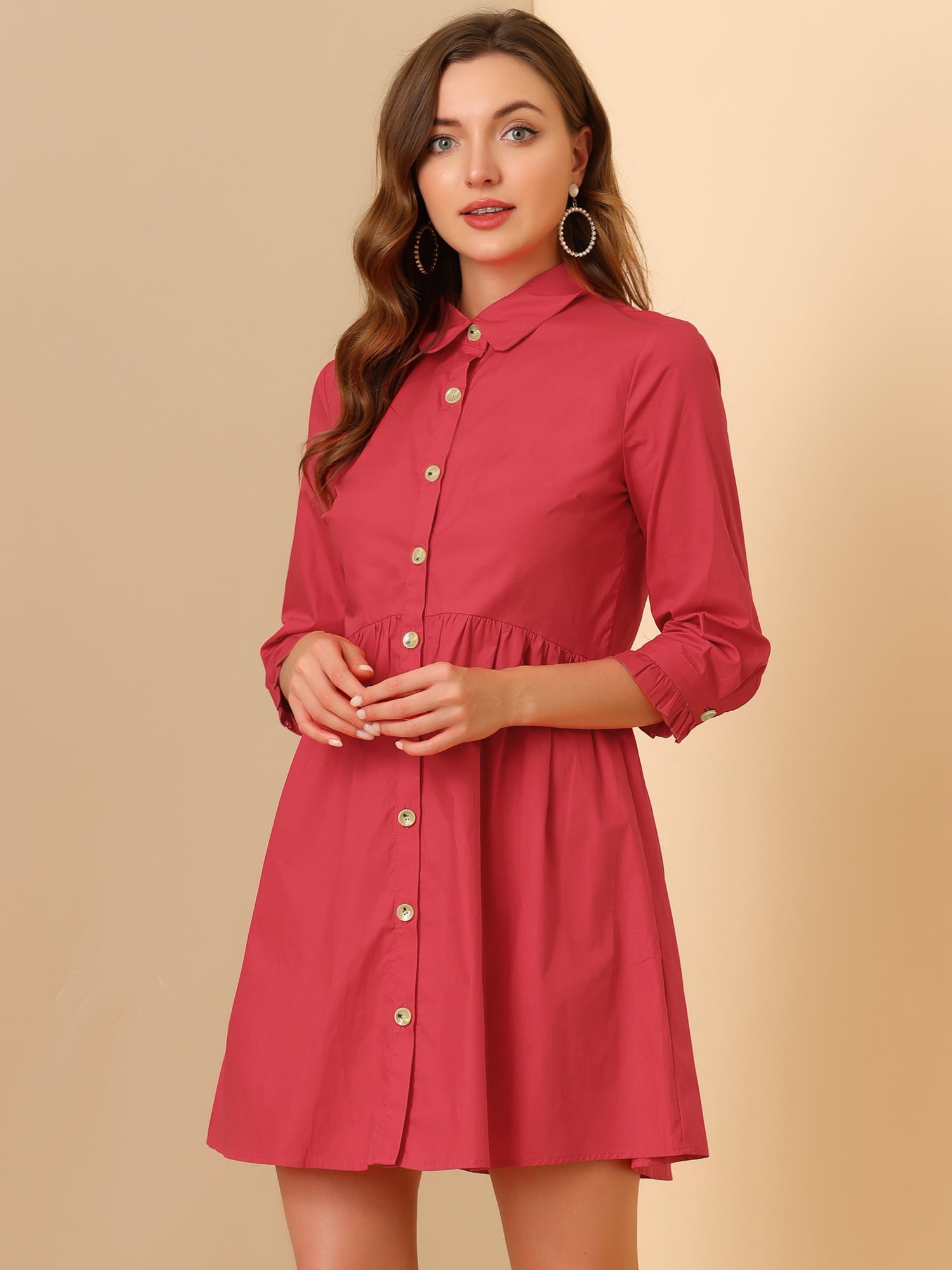 DARING DIVA Elegant Collar Flare 3/4 Sleeve Button Mini Shirt Dress XL Red
