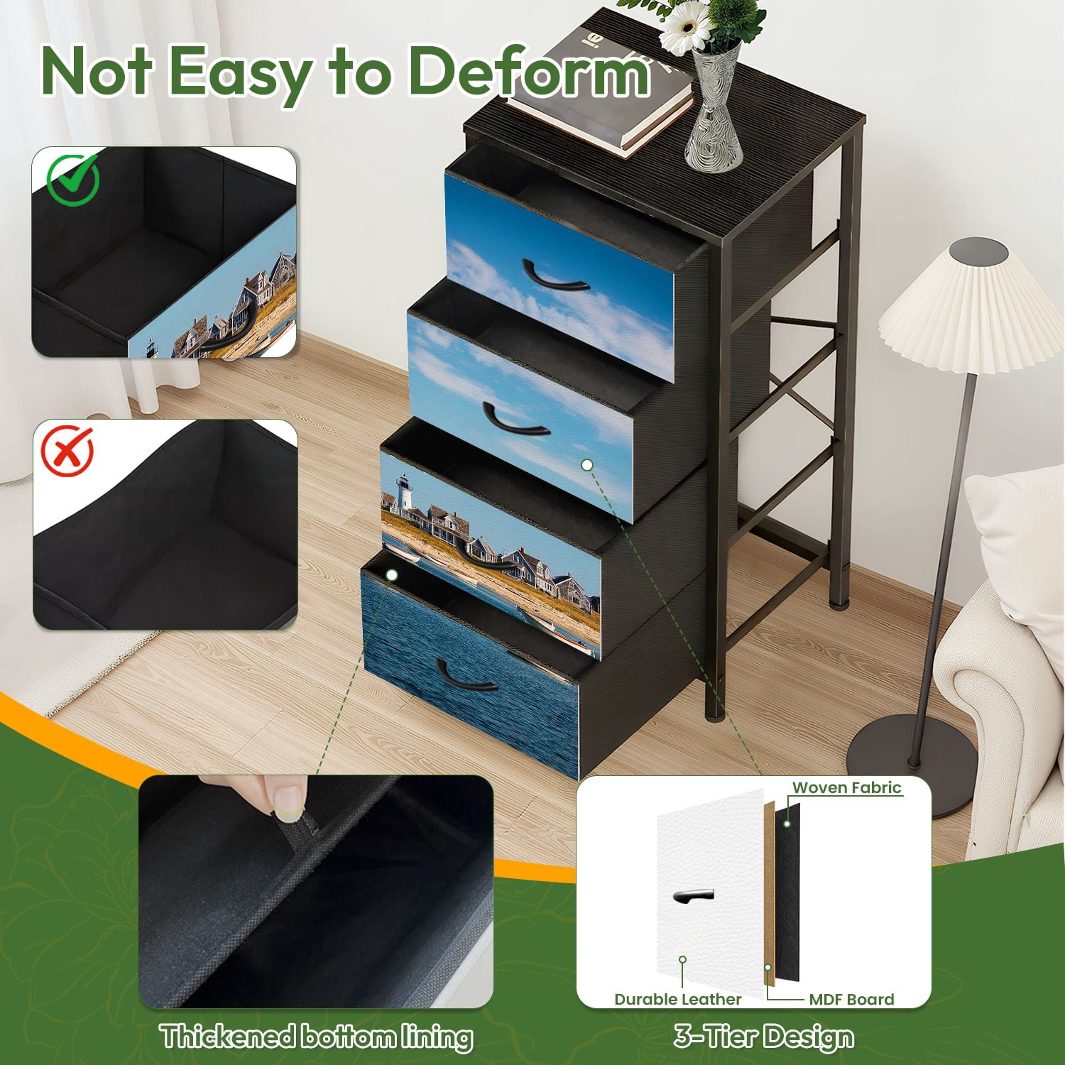 4 Drawer Vertical Storage Dresser Cape cod houses by sea with Wood Top Fabric Pull Drawers