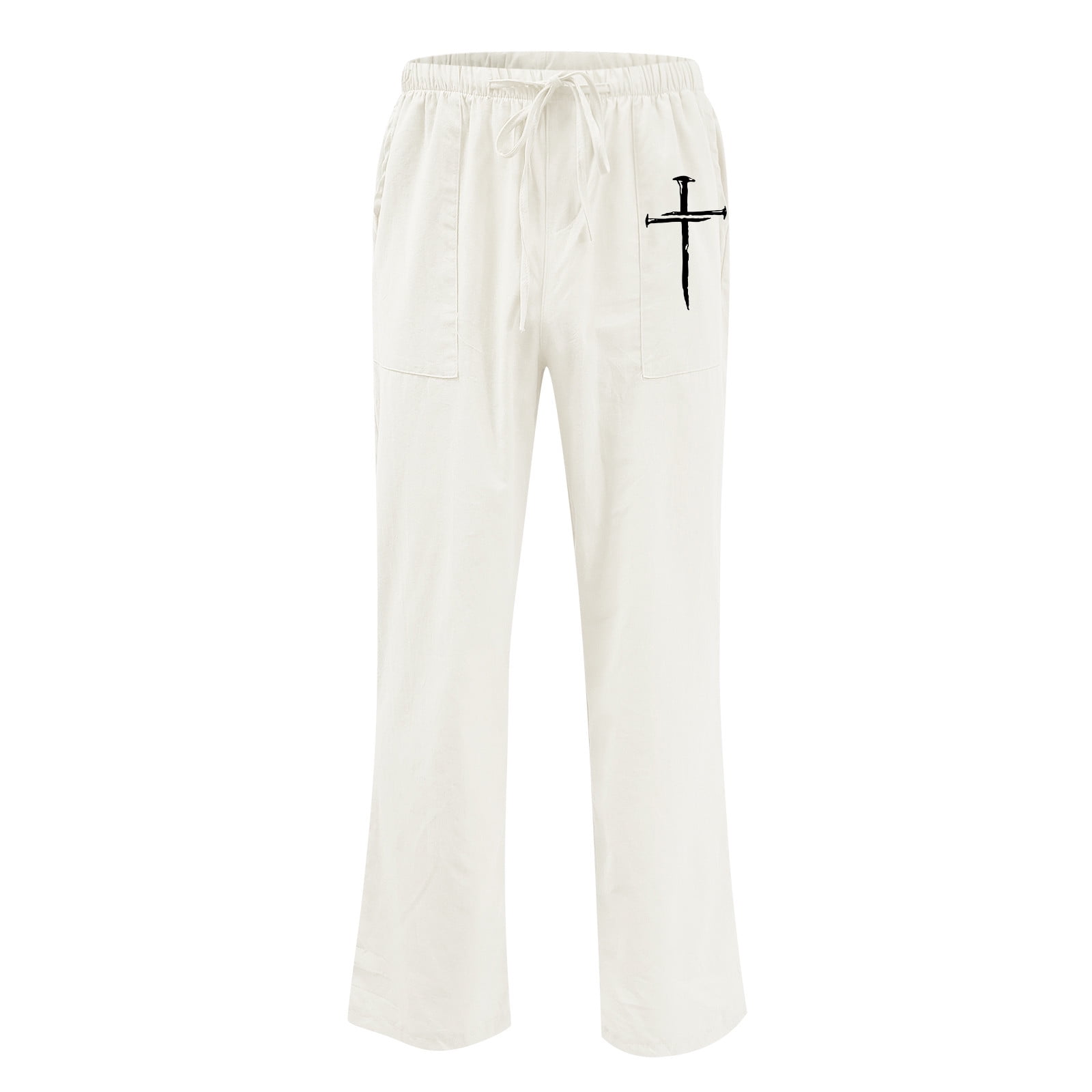 fartey Mens Cotton Linen Pants Plus Size Cross Faith Print Pockets Trousers  with Drawstring Elastic Waist Sports Joggers Pant 