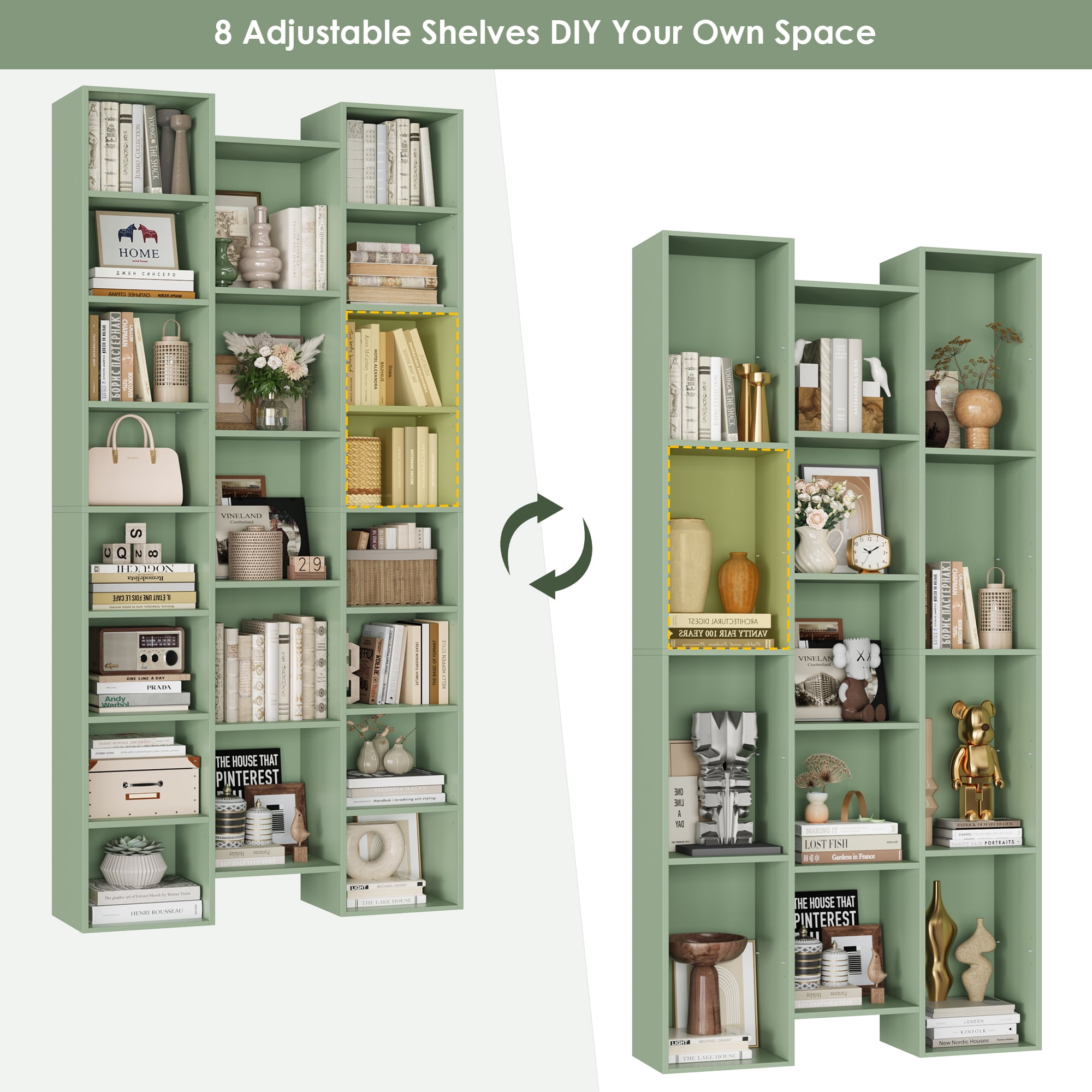 Homfa 2 Pieces Green Bookshelves, 71’’ Tall Three Row Bookshelf with Adjustable Shelves, 21-Cubes CD Display Storage Organizer Shelf for Living Room Home Office