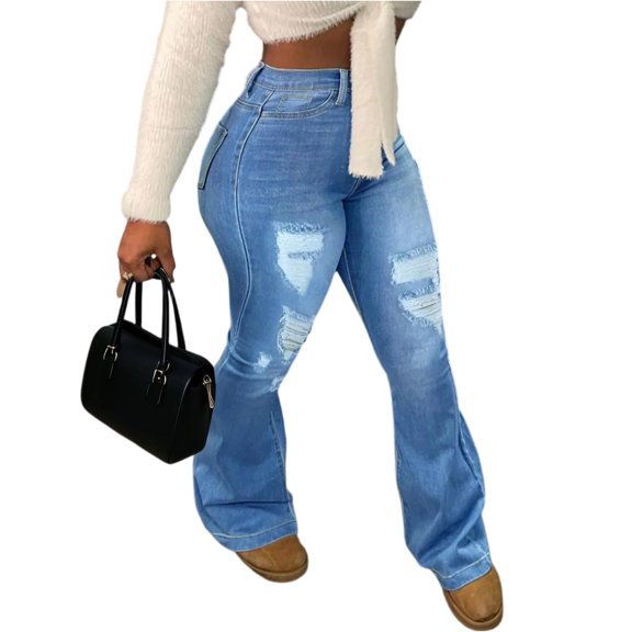 Y2k Frayed Raw Hem Ripped Distressed Jean Travel Cropped Pants Cowgirl Outfits Trendy Stretchy Baggy Jean Ankle Denim Pants with Pockets Boyfriend Jeans for Women High Waisted Straight Leg Jeans