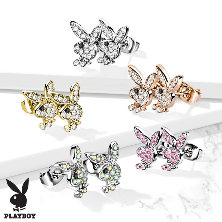 Playboy Bunny CZ Paved Gems 316L Stainless Steel Post Stud Pair