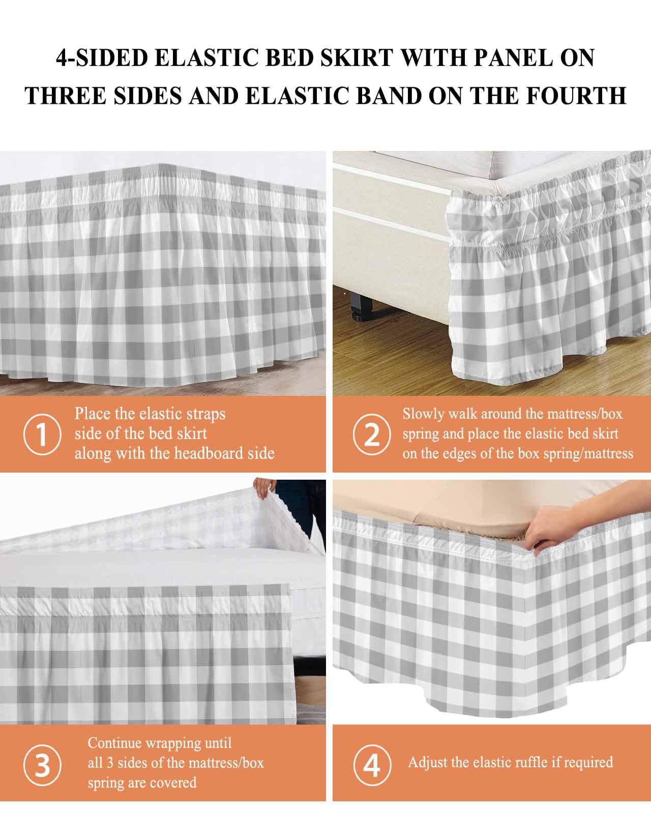 Grey Plaid Wrap Around Bed Skirts for Queen Bed 18" Drop,Bed Skirt with Adjustable Elastic Belt Dust Ruffle Bed Valance for Bedroom Hotel Gradient Geometric Buffalo White Checkered Bed Frame Cover
