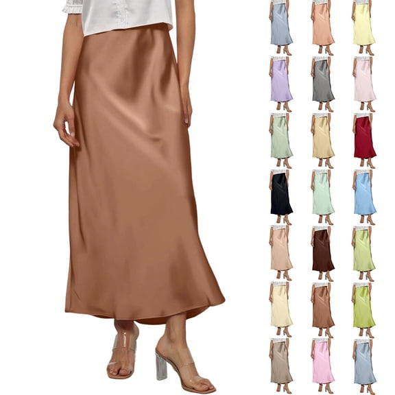 2026 Women's Satin Maxi Skirt Elastic High Waisted Elegant Flowy A-Line Polka Dots Silk Long Skirts for Women Pink L