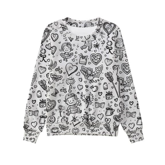 Oiyii Big Boy's Doodle Graphic Sweatshirt Long Sleeve Cartoon Heart Full Print Play Casual Pullover Top,White