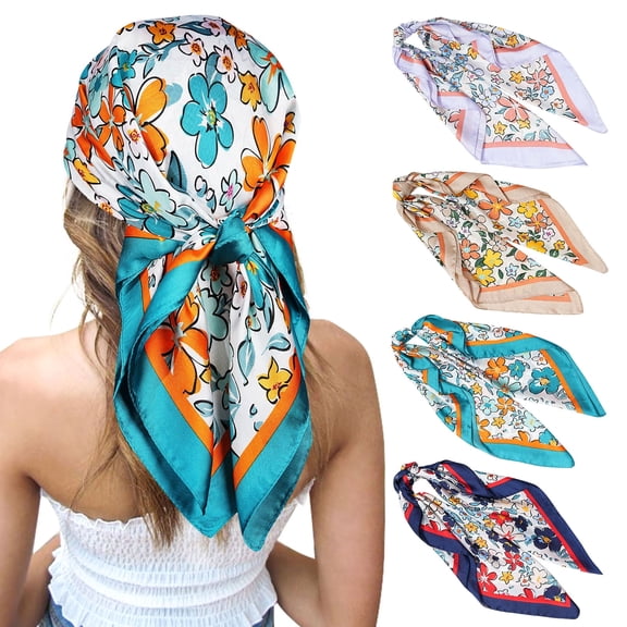 AWAYTR 27.5 Inches Silk Feeling Square Head Scarf - 4 Pcs Satin Square Head Scarves for Women Hair Bandanas Head Kerchief
