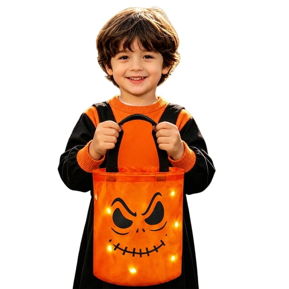 FUZHIQ Halloween Trick or Treat Bags LED Light Orange Pumpkin Buckets Reusable Goody Candy Bucket for Halloween Birthday Party Favor Supplies