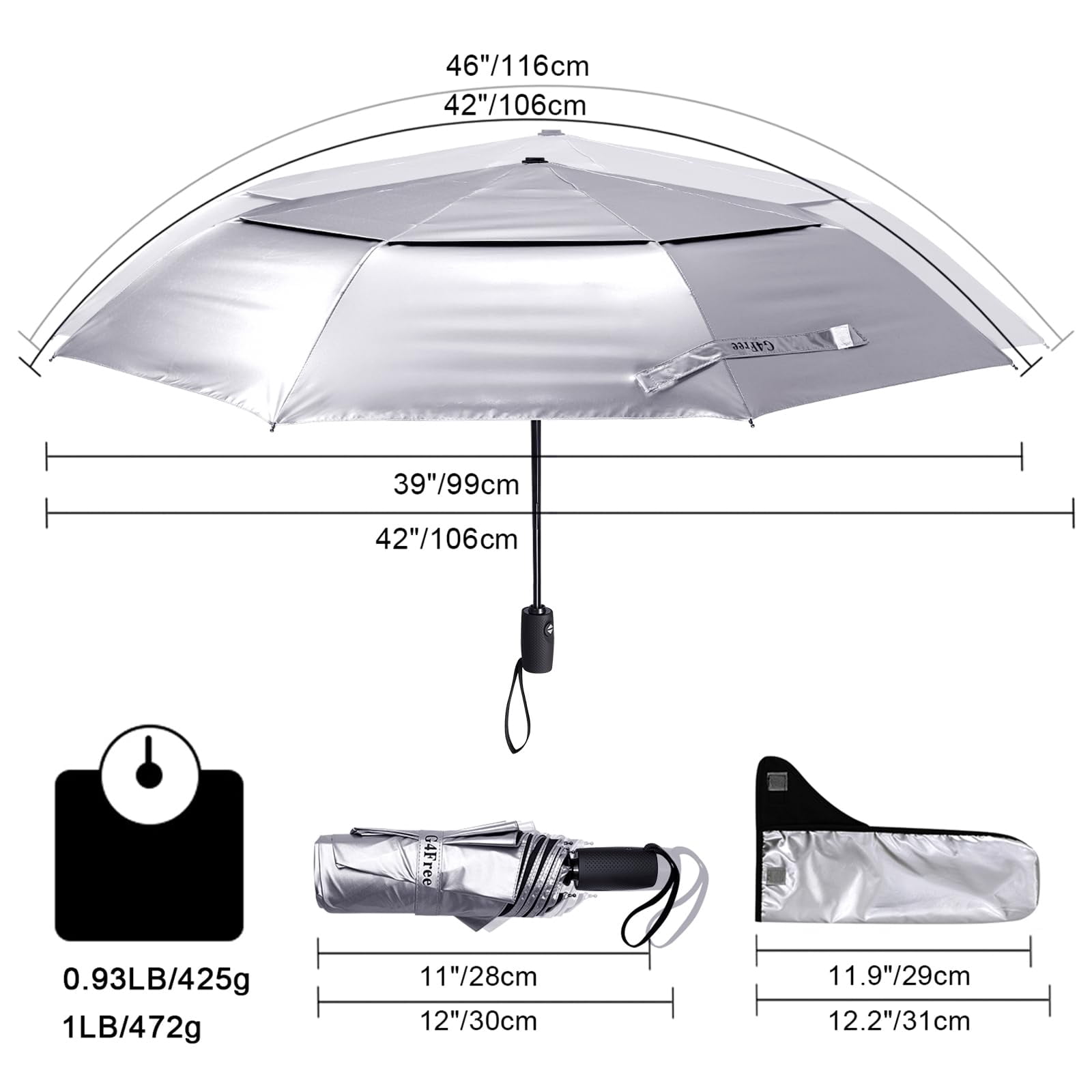 G4Free UPF 50+ UV Protection Travel Umbrella 42/46 Inch Windproof Silver Coating Sun Blocking Umbrella