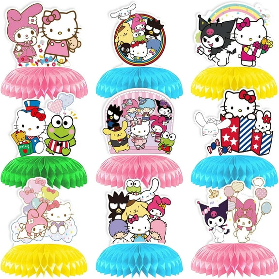 Kawaii Birthday Decorations, 9pcs Kawaii Honeycomb Centerpiece Table Decorations, Double Sided Table Decorations Centerpieces Party Table Toppers Sign Decor