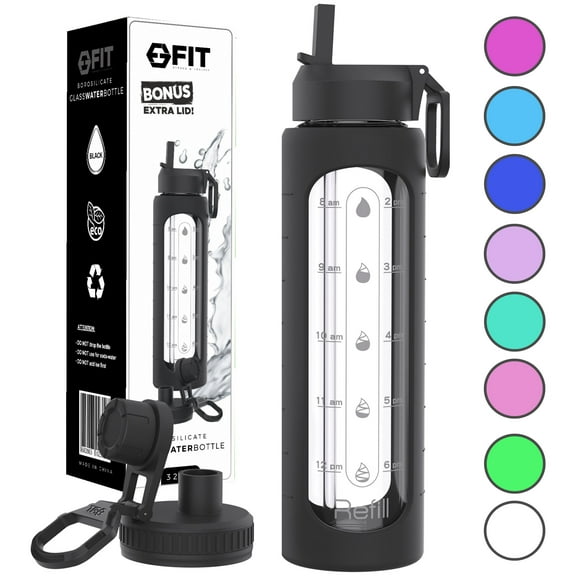 FIT Strong & Healthy 32 oz Glass Water Bottle with Straw Time Marker Sleeve Extra Lid Reusable Gift Gym