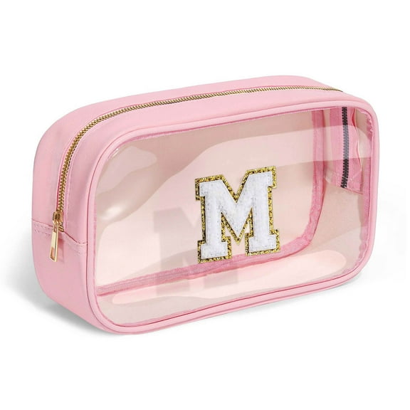YOOLIFE Initial Make Up Bag Travel Toiletry Bag, Clear Makeup Bag Preppy Cosmetic Bags Organizer Travel Essentials Pink Gifts for Women Teen Girls
