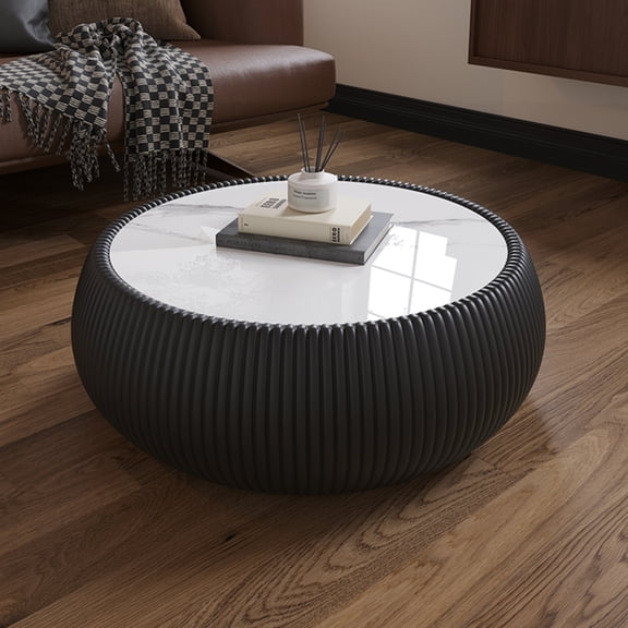 Noble House Simin 28" Drum Marble Top Coffee Table, Modern Leather Wrapped Accent Table, for Living Room, Black