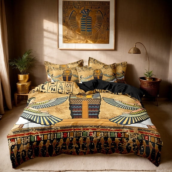 Orylavena Ancient Egyptian Pharaoh Microfiber Duvet Cover Set, Black Back, Twin