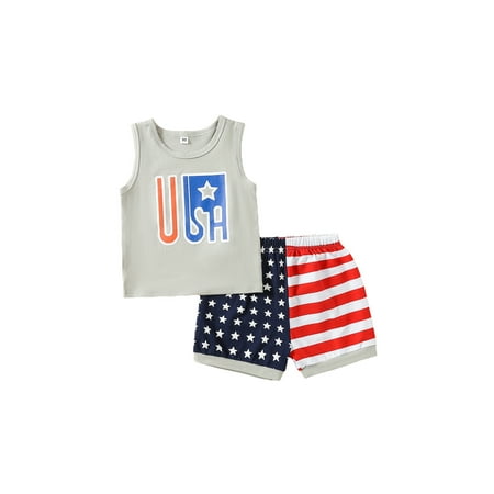 

Arvbitana Toddler Baby Boy 4th of July Outfits 6M 12M 18M 24M 3T 4T Sleeveless T-Shirt Top Stars Stripes Print Shorts Summer Clothes Independence Day Set