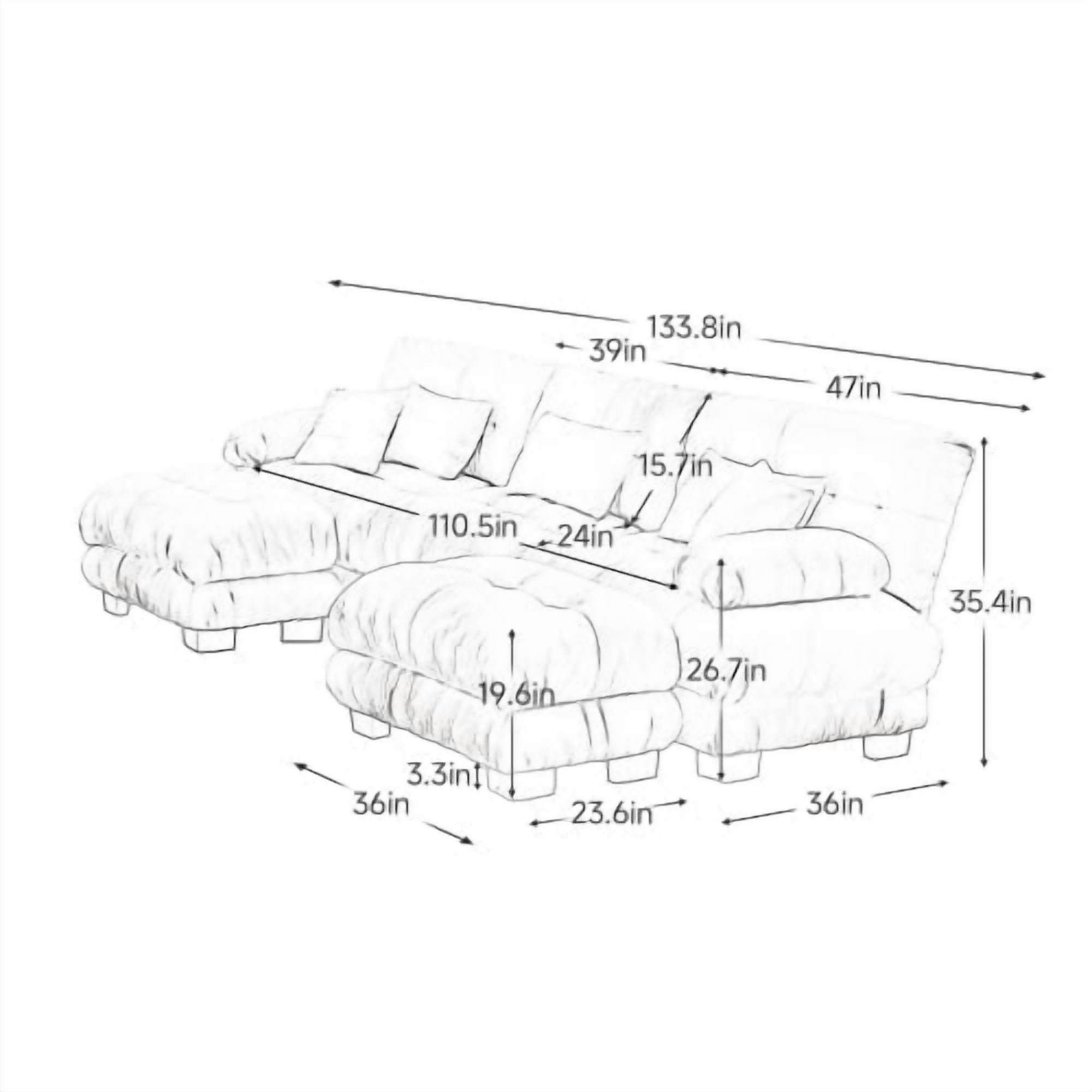 ANPPORT Cloud Couch Sleeper Sofa, Chenille Gray 3-Seater Modular Sofa with 2 Ottomans, 3 Lumbar pillows, 2 Pillows, Comfy Deep Seat Cloud Sofa, Convertible L-Shaped Floor Couch for Living Room