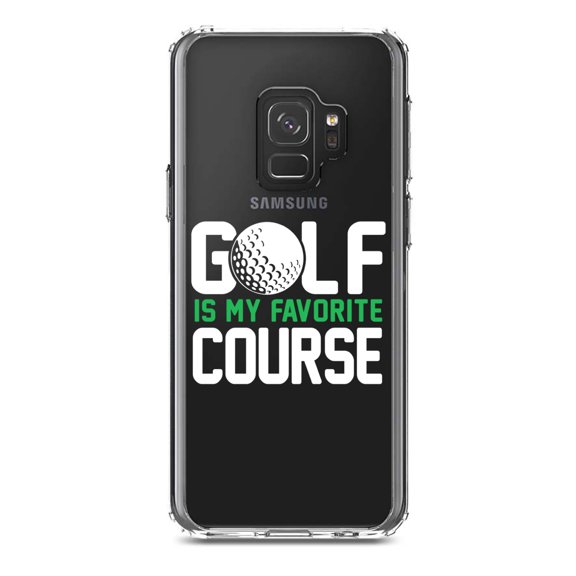 DistinctInk Clear Shockproof Hybrid Case for Samsung Galaxy S9 (5.8" Screen) - TPU Bumper Acrylic Back Tempered Glass Screen Protector - Golf Is MY Favorite Course
