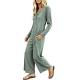 thumbnail image 5 of Womens Jumpsuits Knit Button Long Sleeve Jumpsuit Waffle Casual Round Neck Wide Leg Romper With Pockets Fall Winter Daily Wear, 5 of 7