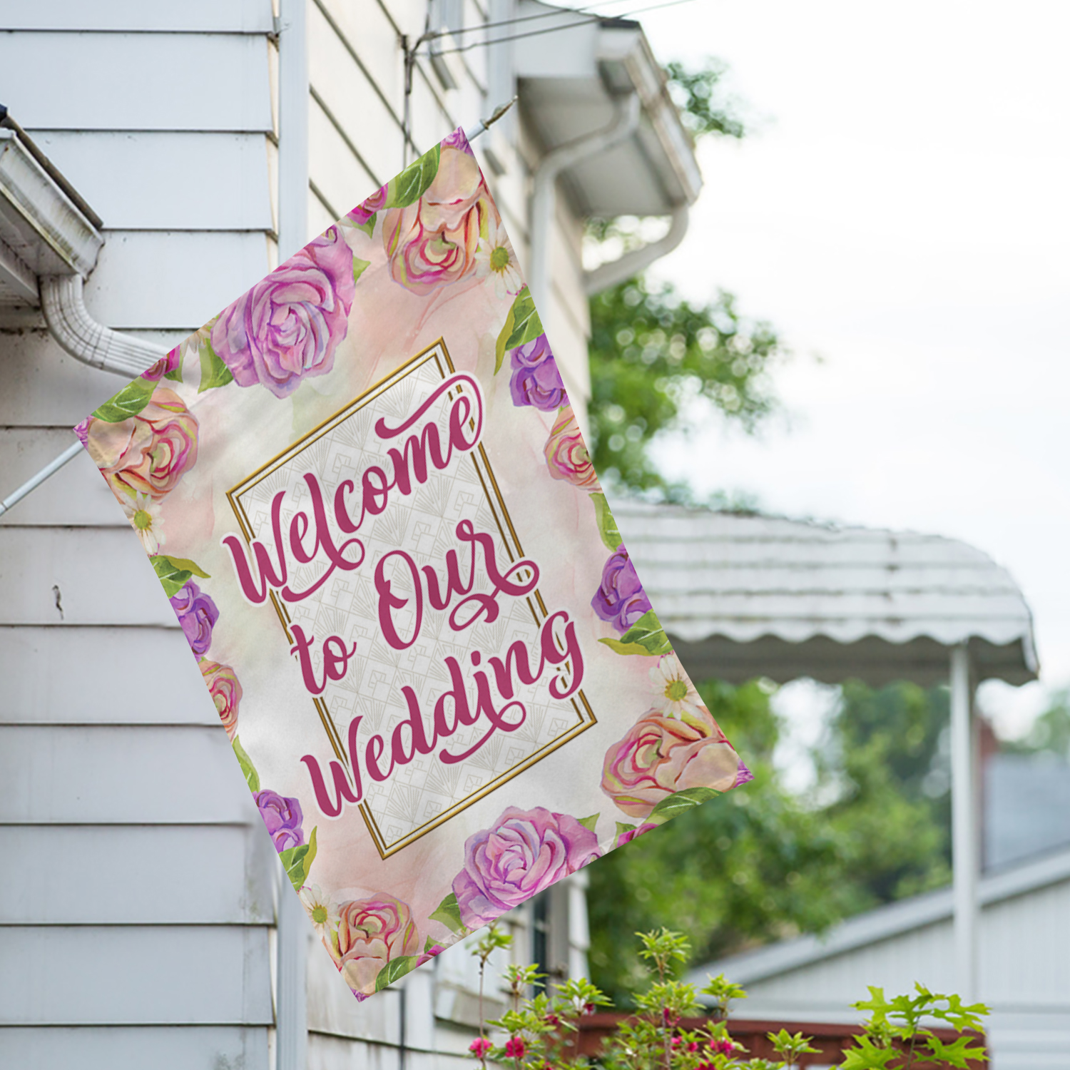 America Forever Welcome to Our Wedding House Flag, 28 x 40 inch Double Sided, Wedding Ceremony Banner, Floral Rose Bridal Outdoor Decor, Wedding Reception Yard Flag