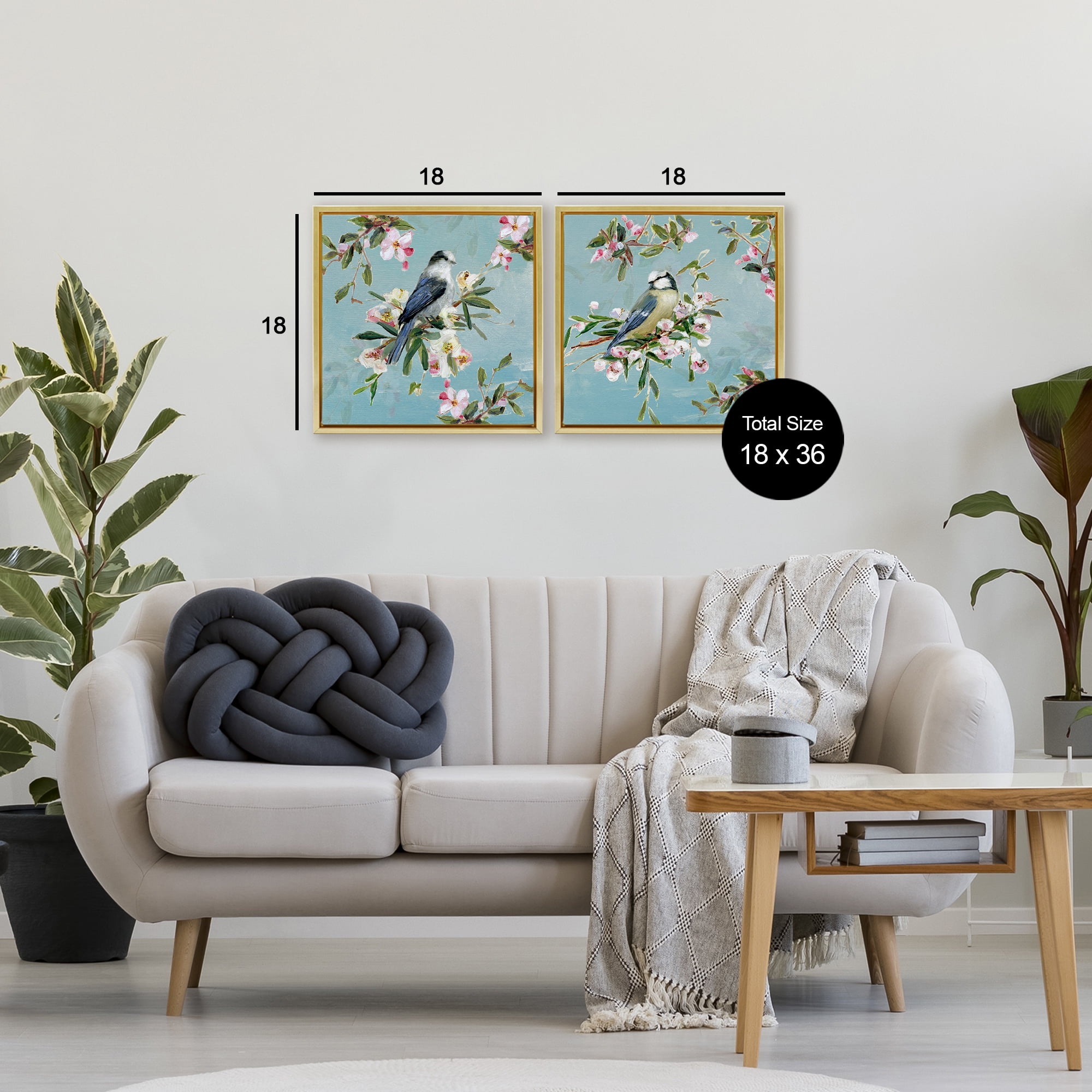 Stupell Industries Songbirds Among Spring Blossoms 2 Piece Gold Framed Floater Canvas Set, design by Sally Swatland