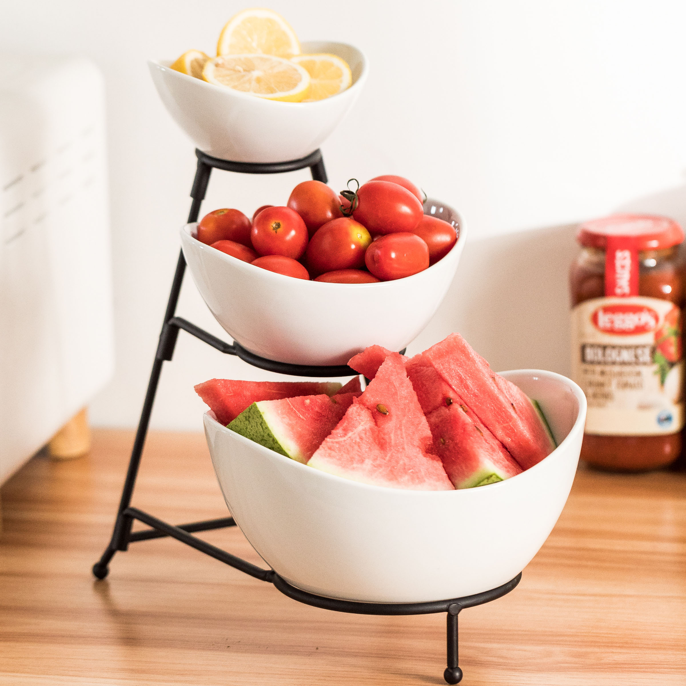 LAUCHUH 3 Tier Serving Bowl Set Tiered Serving Stand Tiered Oval Bowl Stand with Black Metal