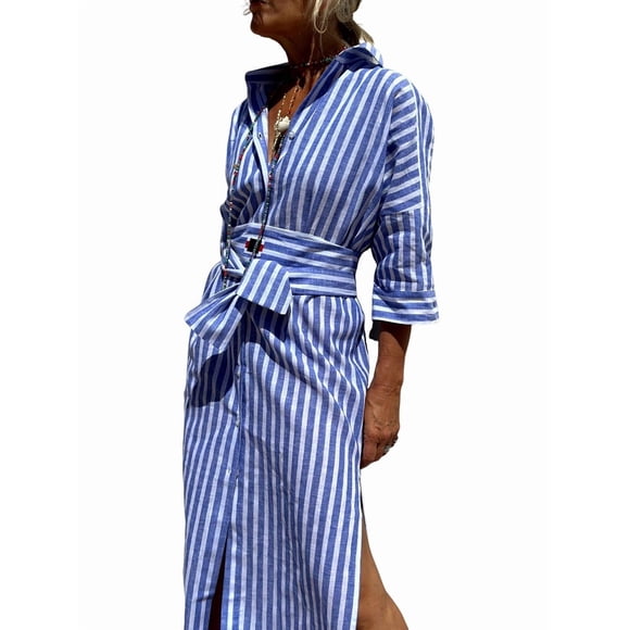Women'S Shirt Dress Casual Lapel 3/4 Sleeve Button-Down Collar Slit Tie Resort Maxi Dress Blue L