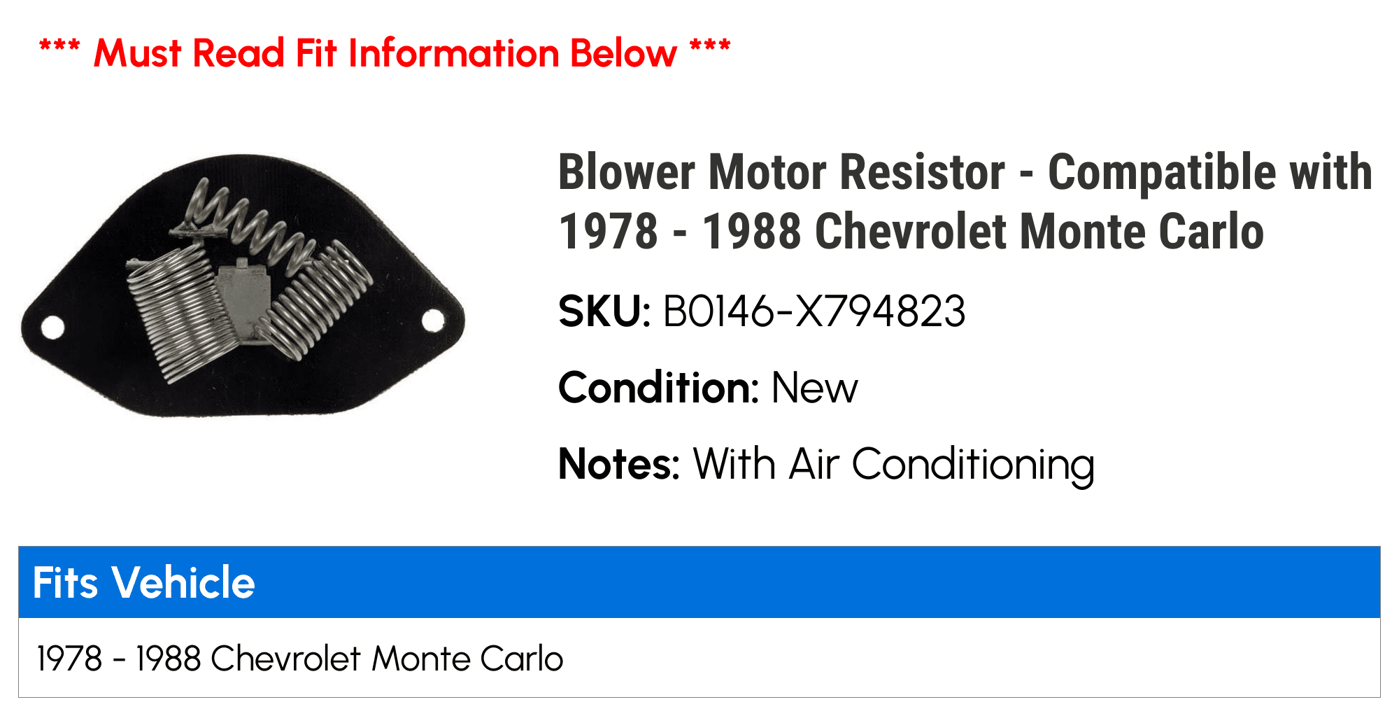 Blower Motor Resistor - Compatible with 1978 - 1988 Chevy Monte Carlo 1979 1980 1981 1982 1983 1984 1985 1986 1987