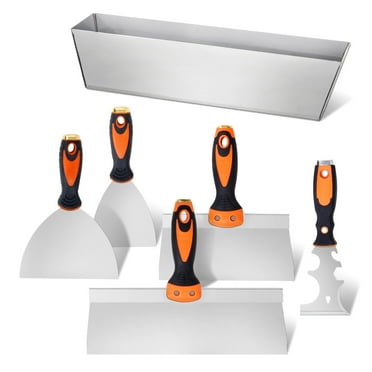 KFFKFF Drywall Tool Kit, 6-Piece Set Including 3" Painting Scraper, Pair of Putty and Taping Knives, along with 12" Mud Pan, Stainless Steel Plastering Equipment, Home Drywall Completion Tools